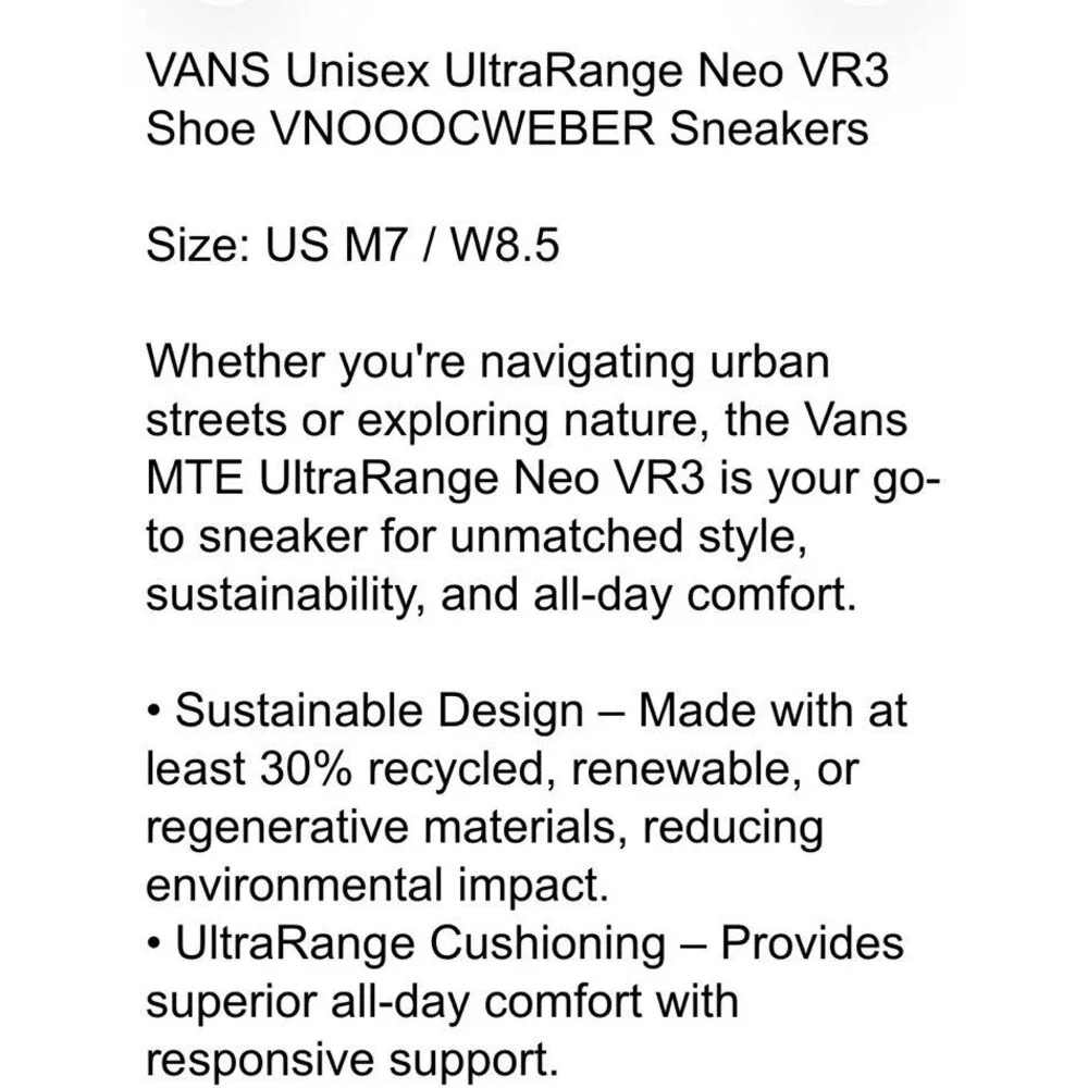 VANS Unisex UltraRange Neo VR3 Shoe VNOOOCWEBER Sneakers  Size M 7 / W 8.5 - Picture 15 of 16